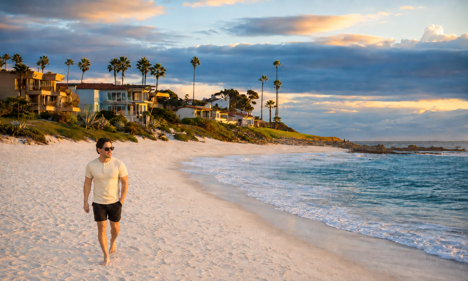 Jan an einem Strand bei Sonnenuntergang — Sinnbild für ein Einkommen, das ohne Anwesenheit weiterläuft